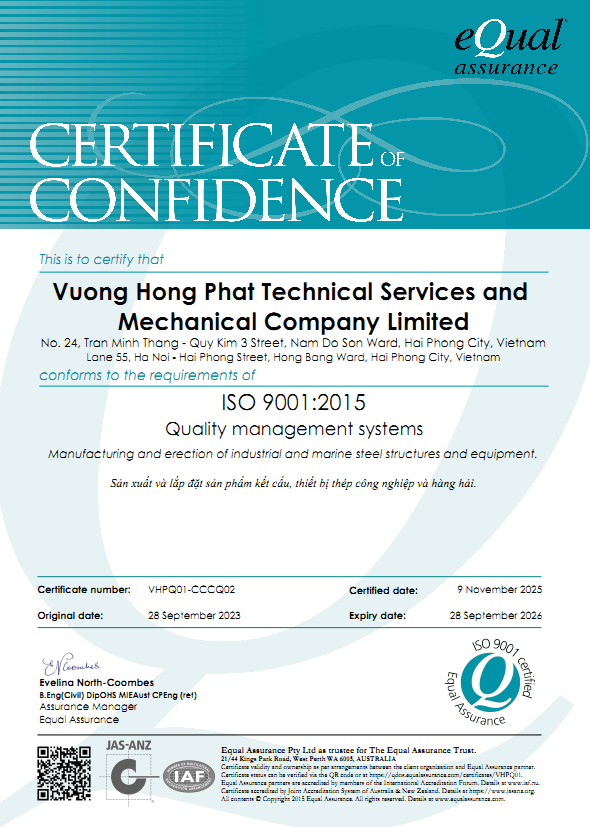 Chứng chỉ ISO 9001:2015 của Vượng Hồng Phát