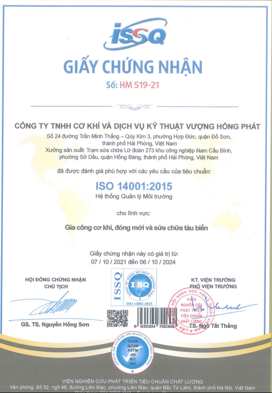 Chứng chỉ ISO 14001:2015 của Vượng Hồng Phát